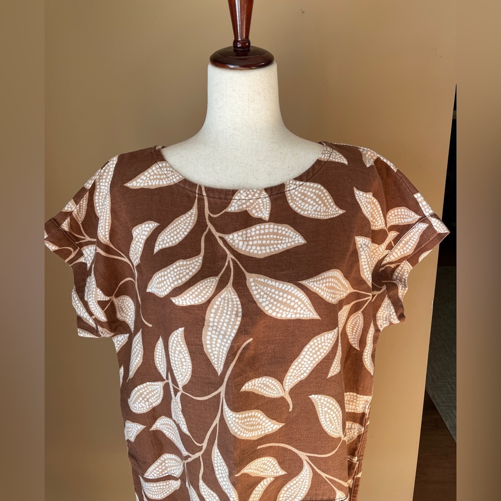 Garnet Hill Womens 100% Linen Shift Dress Brown Size XL Pocket Boho Printed - Picture 3 of 10